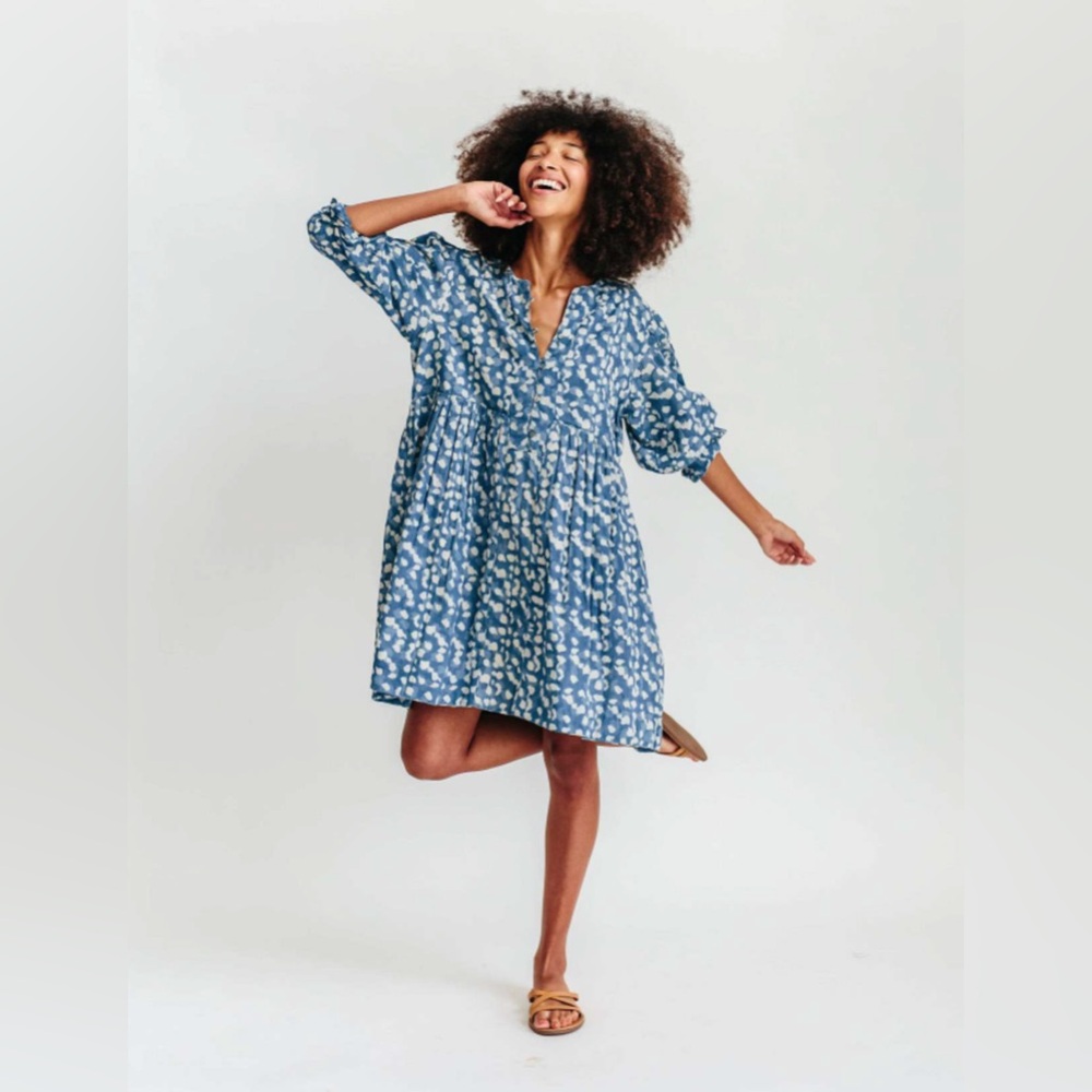 MIRTH Anguilla Indigo Blue White Handmade Collection Cotton Boho Mini Dress Med
